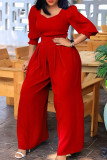 Red Casual Solid Patchwork V Neck Plus Size Jumpsuits