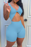 Blue Sexy Solid Hollowed Out V Neck Skinny Rompers