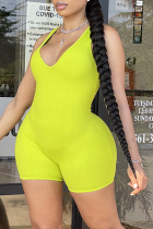 Fluorescent Green Sexy Solid Patchwork V Neck Skinny Rompers