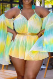 Cyan Fashion Casual Print Backless V Neck Regular Rompers