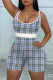Lake Blue Sexy Plaid Striped Print Patchwork Spaghetti Strap Skinny Rompers