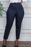 Navy Blue Casual Solid Basic Regular High Waist Conventional Solid Color Trousers