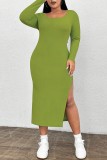 Green Yellow Casual Solid Slit O Neck Long Sleeve Plus Size Dresses