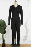 Red Casual Solid Fold Zipper Collar Skinny Jumpsuits