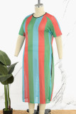 Pink Casual Striped Patchwork See-through Slit O Neck Short Sleeve Dress Plus Size Dresses