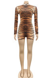 Brown Sexy Print Leopard O Neck Skinny Rompers