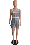 Pink Sexy Plaid Striped Print Patchwork Spaghetti Strap Skinny Rompers