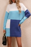 White Apricot Casual Patchwork Contrast O Neck Long Sleeve Dresses