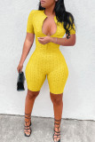 Yellow Casual Solid Zipper O Neck Skinny Rompers