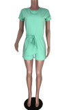 Mint green Fashion Casual Patchwork bandage Solid Short Sleeve O Neck Rompers