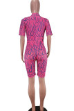 Pink Fashion Sexy Print Patchwork zipper Short Sleeve O Neck Rompers