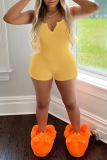 Yellow Sexy Solid Patchwork V Neck Skinny Rompers