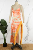 Orange Sexy Print Patchwork Backless Slit Spaghetti Strap Long Dress Dresses