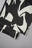 Black And White Casual Print Patchwork Shirt Collar Long Sleeve Two Pieces