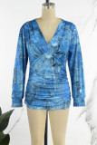 The cowboy blue Casual Print Patchwork V Neck Tops