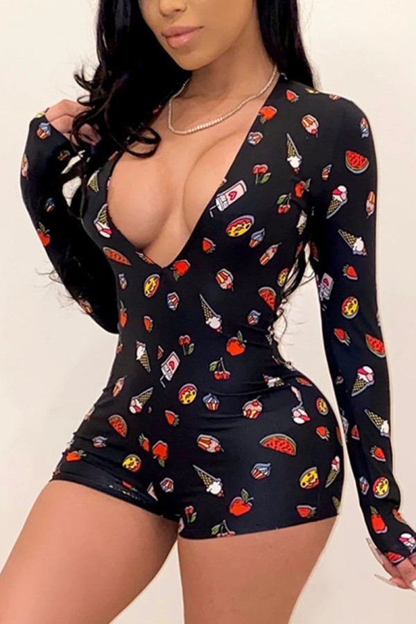 Black Street Print V Neck Skinny Rompers