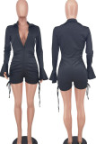 Black Sexy Solid Patchwork Draw String Fold V Neck Skinny Rompers