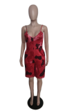 Red Casual Camouflage Print Patchwork V Neck Straight Rompers