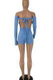 Pink Sexy bandage Backless Solid Split Long Sleeve one word collar Rompers