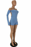 Blue Sexy bandage Backless Solid Split Long Sleeve one word collar Rompers