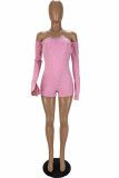 Pink Sexy bandage Backless Solid Split Long Sleeve one word collar Rompers