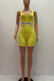 Yellow Sportswear Letter Print Patchwork U Neck Skinny Rompers