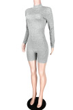 Grey Fashion street Solid Long Sleeve O Neck Rompers
