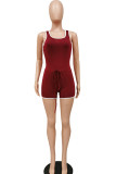 Wine Red Fashion street Solid Sleeveless O Neck Rompers