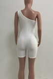 White Casual Solid Patchwork One Shoulder Skinny Rompers