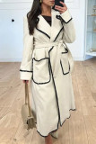 White Elegant Color Block Bandage Patchwork Pocket Turndown Collar Outerwear