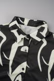 Black And White Casual Print Patchwork Shirt Collar Long Sleeve Two Pieces