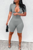 Yellow Casual Solid Zipper O Neck Skinny Rompers