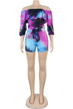 Blue Purple Fashion Sexy Print Patchwork stringy selvedge Half Sleeve one word collar Rompers