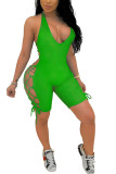 Green Fashion Casual Hollow Solid Sleeveless Hanging neck Rompers