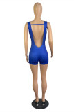 Blue Sexy Casual Print Hollowed Out Backless V Neck Skinny Rompers