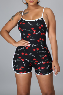 Black Sexy Print Patchwork Spaghetti Strap Skinny Rompers