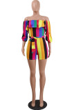 Rainbow Color Fashion Sexy Print Patchwork stringy selvedge Half Sleeve one word collar Rompers