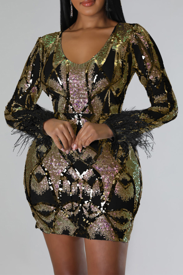 Black Elegant Print Sequins Patchwork Zipper V Neck Wrapped Skirt Dresses