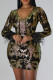 Black Elegant Print Sequins Patchwork Zipper V Neck Wrapped Skirt Dresses