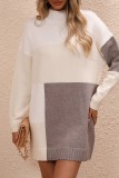 White Blue Casual Patchwork Contrast O Neck Long Sleeve Dresses