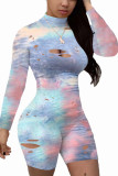 Orange Fashion Light Tie-dyed Burn-out Long Sleeve O Neck Rompers