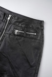 Black Casual Solid Patchwork Zipper Skinny Mid Waist Straight Solid Color Bottoms