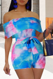 Blue Sexy Print Patchwork Strapless Regular Rompers
