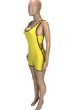 Yellow Fashion Sexy Patchwork Hollow Solid Sleeveless V Neck Rompers