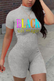 Black Fashion Sexy Print letter Short Sleeve O Neck Rompers