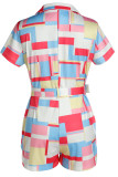 Red Casual Geometric Print Patchwork Turn-back Collar Straight Rompers