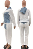White Casual Patchwork Contrast Hooded Collar Plus Size Two Pieces