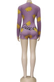 purple Fashion Casual Print Long Sleeve V Neck Rompers