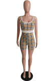 Pink Sexy Plaid Striped Print Patchwork Spaghetti Strap Skinny Rompers
