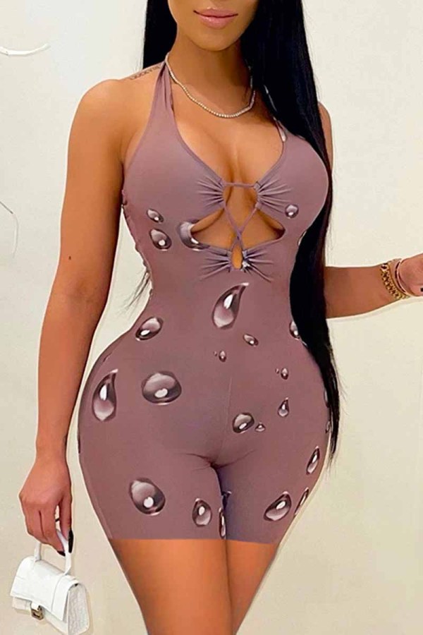 Purple Fashion Sexy Print Backless Halter Skinny Rompers